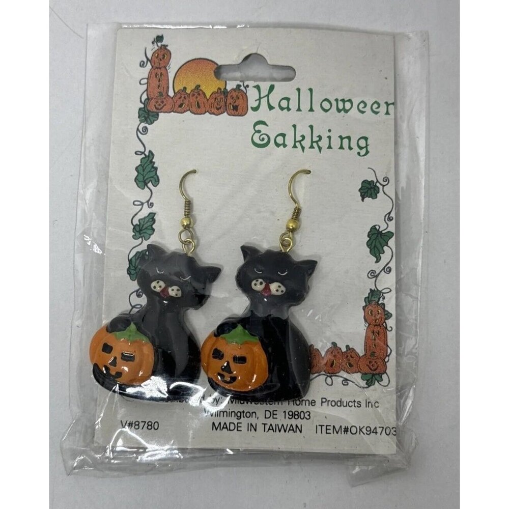 Vintage Drop Dangling Black Cat Jack O Lantern Pumpkin Earrings Halloween Theme